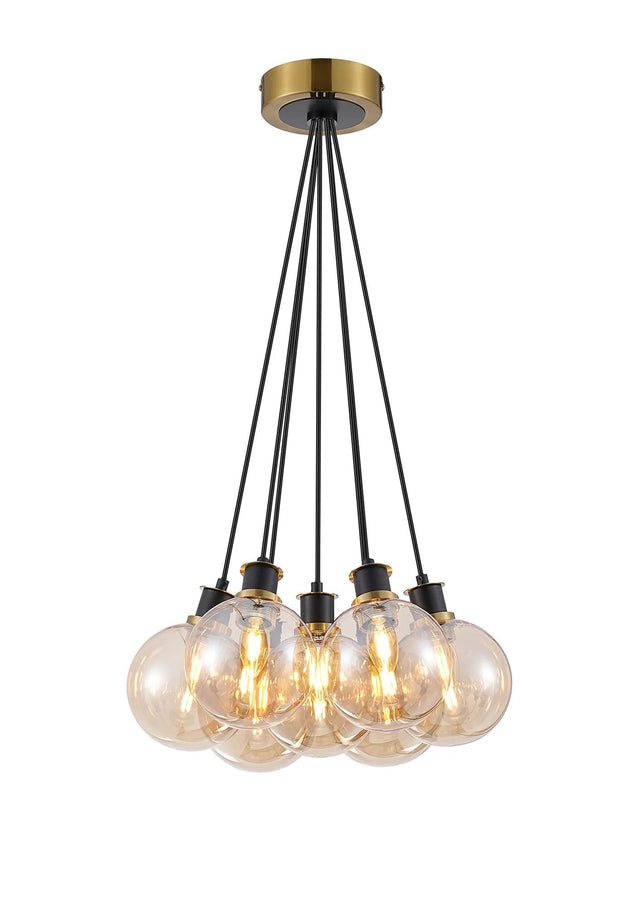Stevens 1.3m Round Cluster Pendant, 7 x E14 With 15cm Round Glass Shade, Brass, Amber Plated & Satin Black