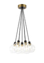 Stevens 1.3m Round Cluster Pendant, 7 x E14 With 15cm Round Glass Shade, Brass, Clear & Satin Black