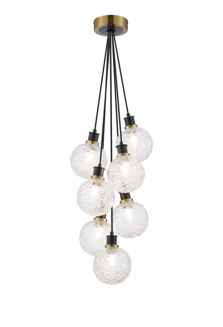Stevens 1.3m Round Cluster Pendant, 7 x E14 With 15cm Round Textured Crumple Glass Shade, Brass, Clear & Satin Black