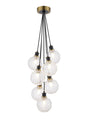Stevens 1.3m Round Cluster Pendant, 7 x E14 With 15cm Round Textured Crumple Glass Shade, Brass, Clear & Satin Black
