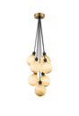 Stevens 45cm Round Cluster Pendant, 7 Light E14 With 15cm Round Dark Beige Marble Effect Glass Shade, Brass & Satin Black Framework