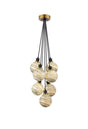 Stevens 45cm Round Cluster Pendant, 7 Light E14 With 15cm Round Dark Green Marble Effect Glass Shade, Brass & Satin Black Framework