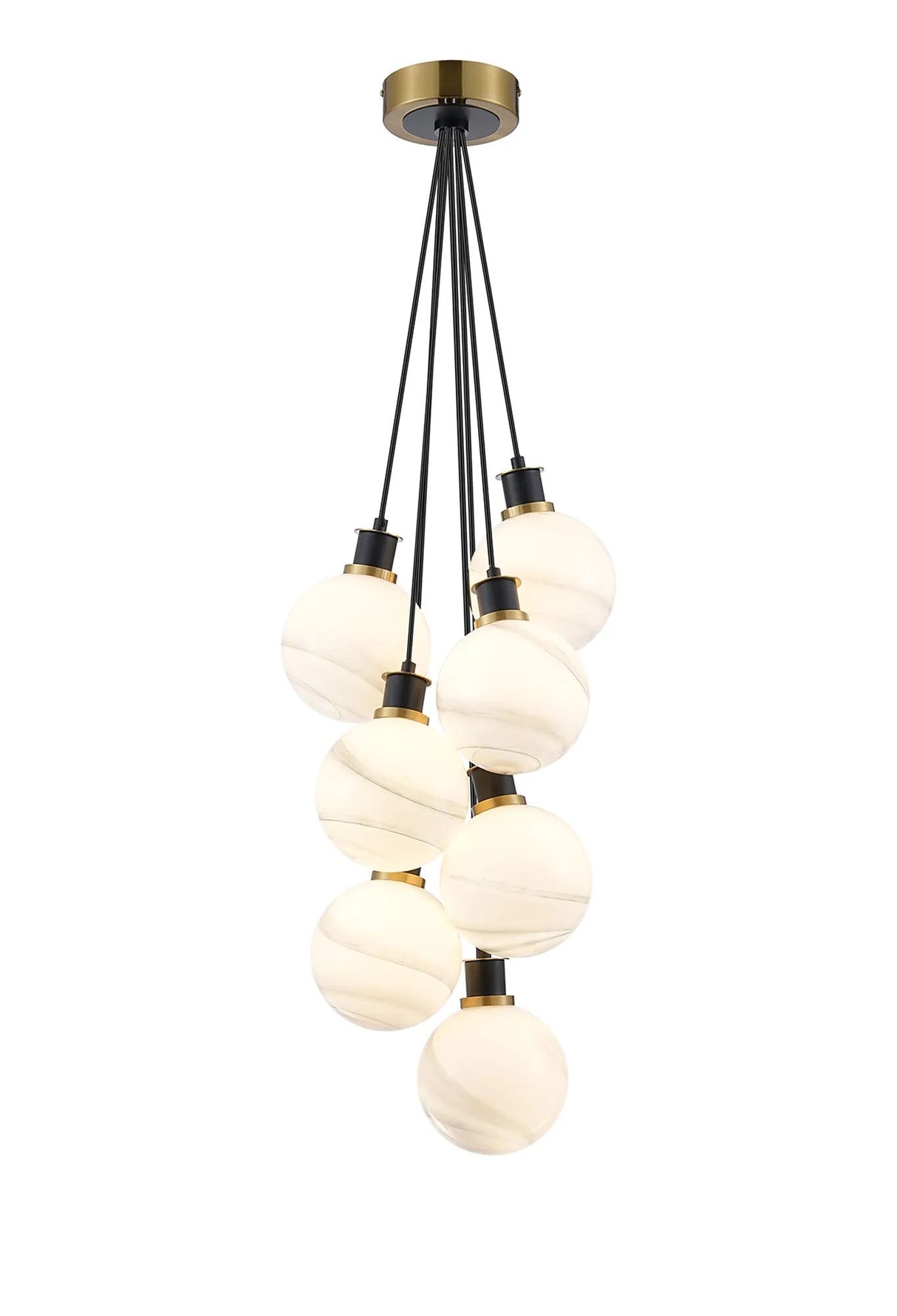 Stevens 1.3m Round Cluster Pendant, 7 x E14 With 15cm Round Marble Effect Glass Shade, Brass, White & Satin Black