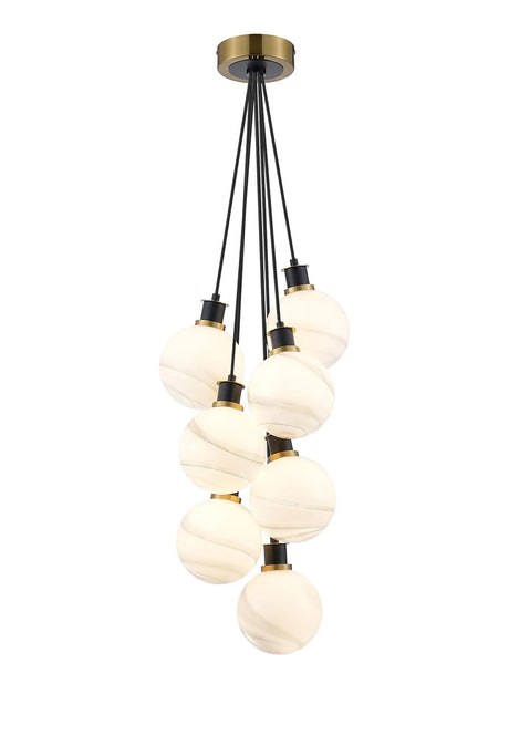 Stevens 1.3m Round Cluster Pendant, 7 x E14 With 15cm Round Marble Effect Glass Shade, Brass, White & Satin Black