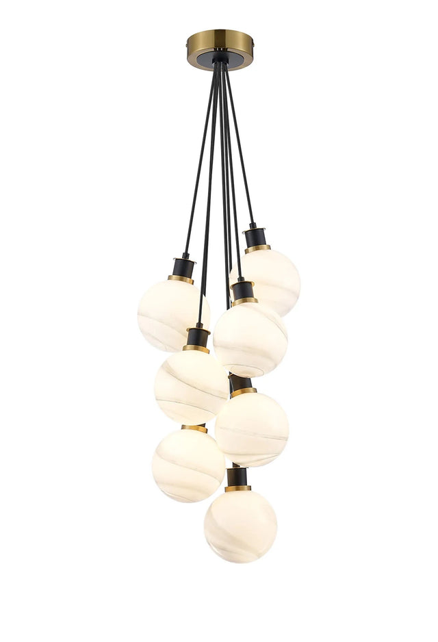 Stevens 1.3m Round Cluster Pendant, 7 x E14 With 15cm Round Marble Effect Glass Shade, Brass, White & Satin Black