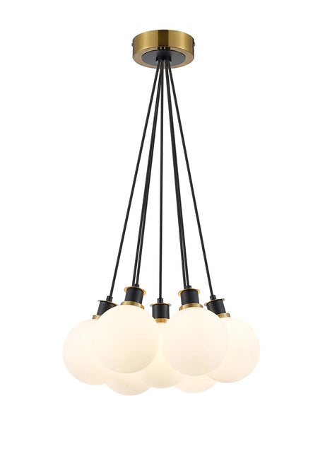 Stevens 1.3m Round Cluster Pendant, 7 x E14 With 15cm Round Glass Shade, Brass, Opal & Satin Black