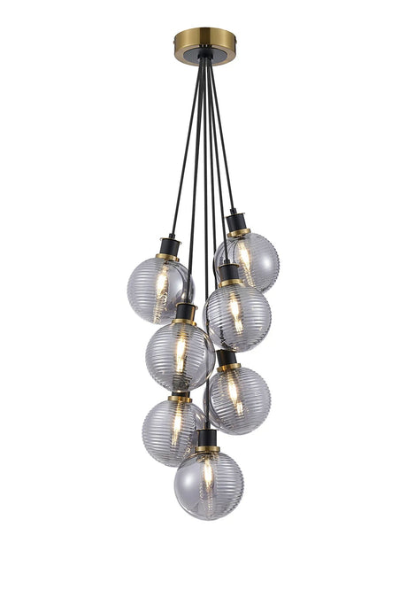 Stevens 1.3m Round Cluster Pendant, 7 x E14 With 15cm Round Double Textured Smooth/Ribbed Glass Shade, Brass, Smoke Plated & Satin Black