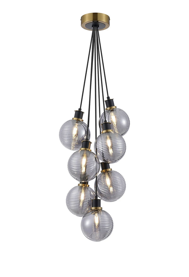 Stevens 1.3m Round Cluster Pendant, 7 x E14 With 15cm Round Double Textured Smooth/Ribbed Glass Shade, Brass, Smoke Plated & Satin Black