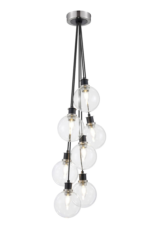 Stevens 1.3m Round Cluster Pendant, 7 x E14 With 15cm Round Glass Shade, Satin Nickel, Clear & Satin Black