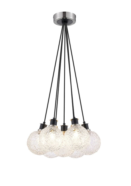 Stevens 1.3m Round Cluster Pendant, 7 x E14 With 15cm Round Textured Crumple Glass Shade, Satin Nickel, Clear & Satin Black