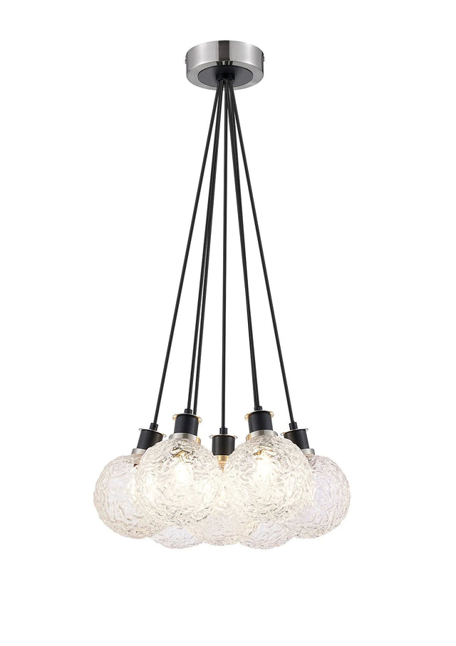 Stevens 1.3m Round Cluster Pendant, 7 x E14 With 15cm Round Textured Crumple Glass Shade, Satin Nickel, Clear & Satin Black