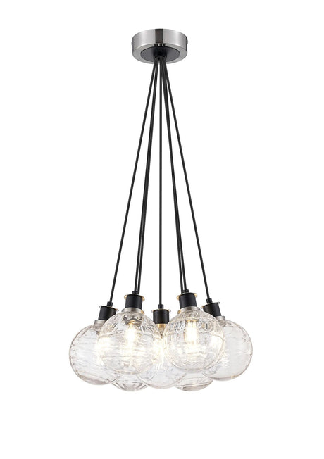 Stevens 1.3m Round Cluster Pendant, 7 x E14 With 15cm Round Textured Melting Glass Shade, Satin Nickel, Clear & Satin Black