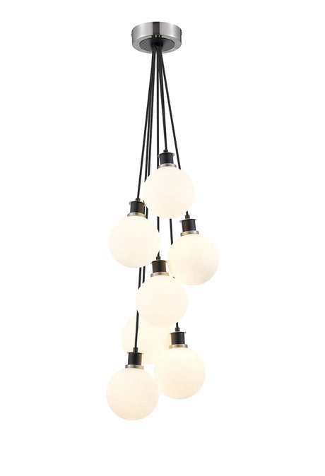 Stevens 1.3m Round Cluster Pendant, 7 x E14 With 15cm Round Glass Shade, Satin Nickel, Opal & Satin Black