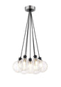 Stevens 1.3m Round Cluster Pendant, 7 x E14 With 15cm Round Ribbed Glass Shade, Satin Nickel, Clear & Satin Black