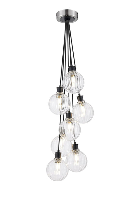 Stevens 1.3m Round Cluster Pendant, 7 x E14 With 15cm Round Segment Glass Shade, Satin Nickel, Clear & Satin Black