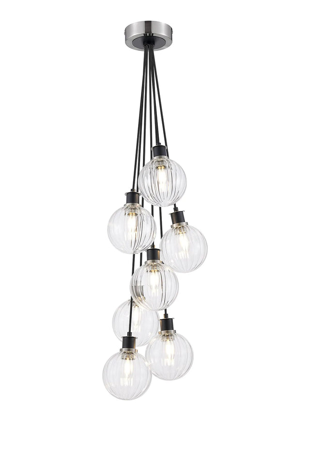 Stevens 1.3m Round Cluster Pendant, 7 x E14 With 15cm Round Segment Glass Shade, Satin Nickel, Clear & Satin Black