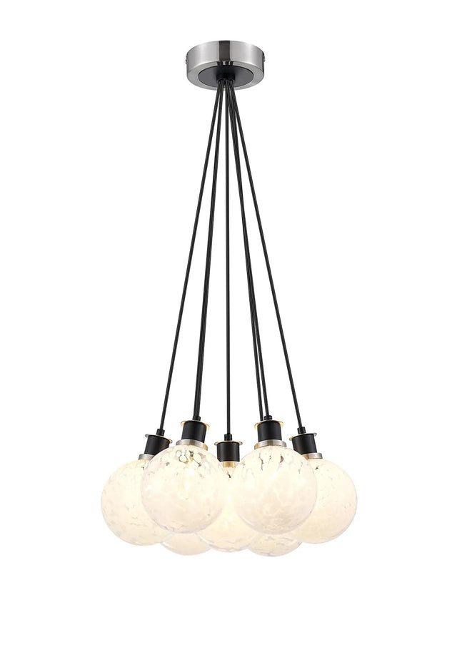 Stevens 1.3m Round Cluster Pendant, 7 x E14 With 15cm Round Speckled Glass Shade, Satin Nickel, White & Satin Black