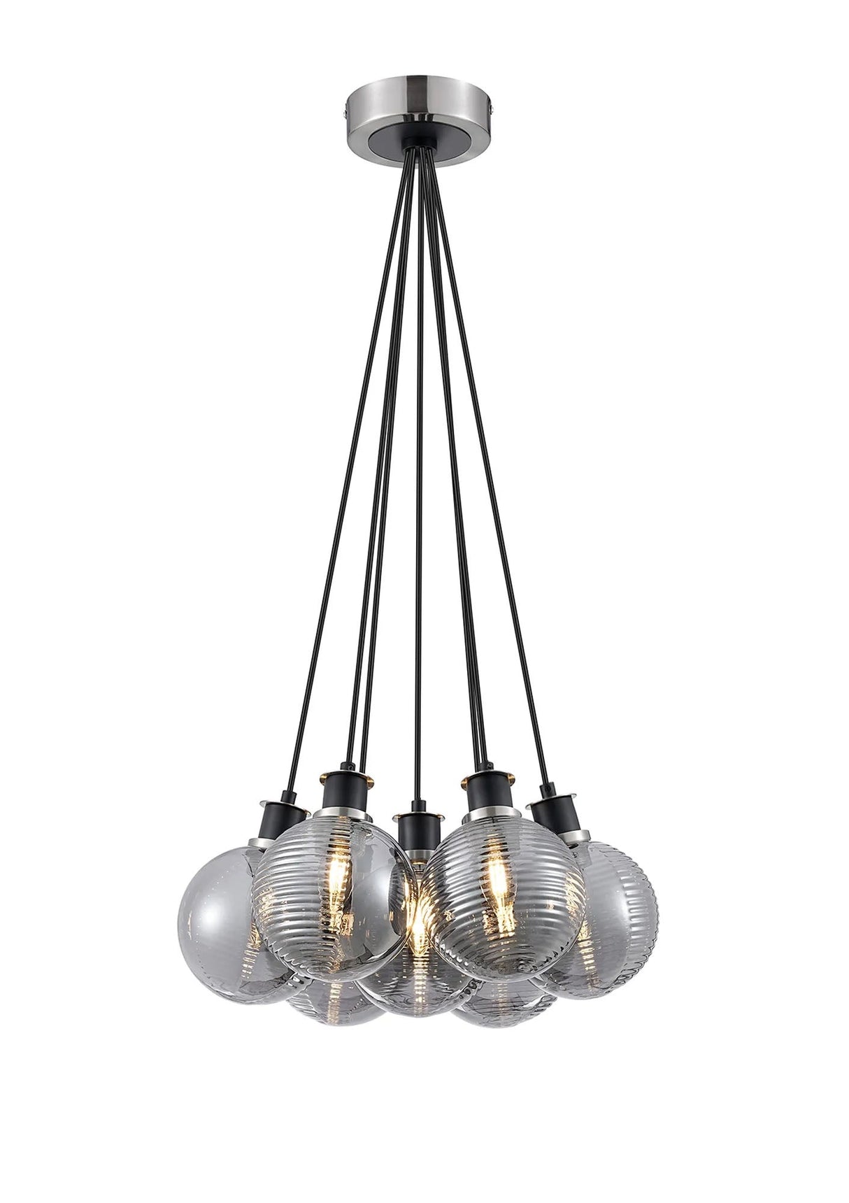 Stevens 1.3m Round Cluster Pendant, 7 x E14 With 15cm Round Double Textured Smooth/Ribbed Glass Shade, Satin Nickel, Smoke Plated & Black