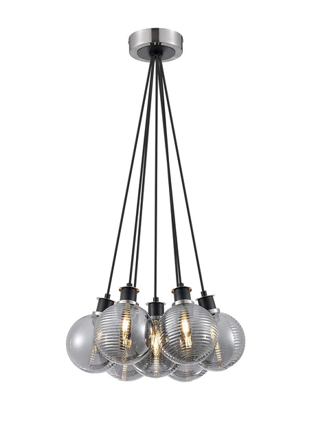 Stevens 1.3m Round Cluster Pendant, 7 x E14 With 15cm Round Double Textured Smooth/Ribbed Glass Shade, Satin Nickel, Smoke Plated & Black
