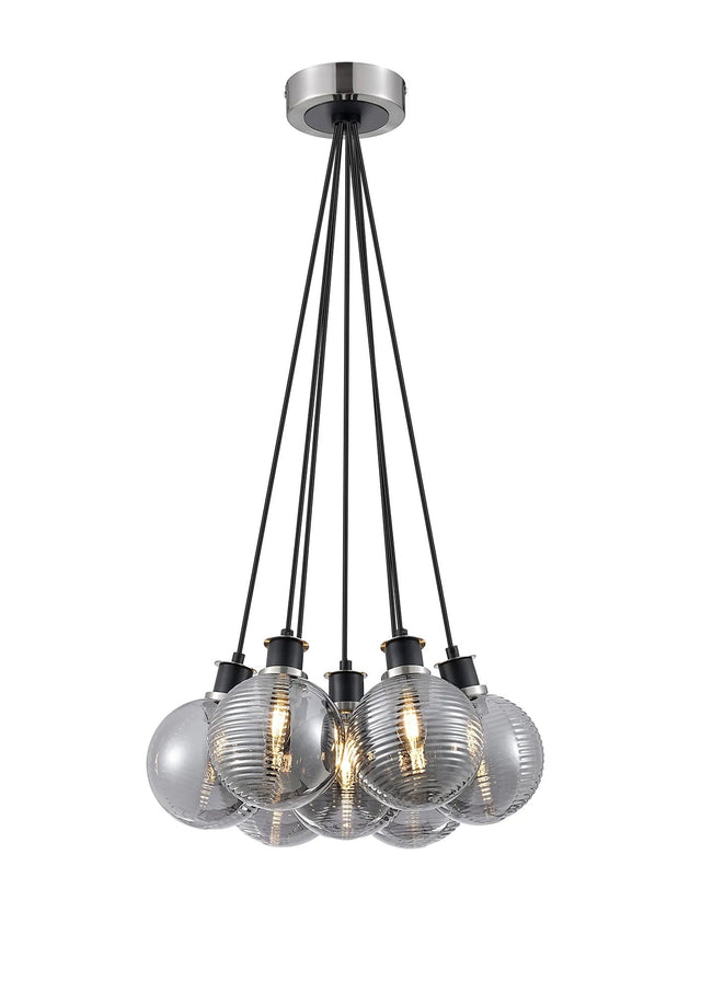 Stevens 1.3m Round Cluster Pendant, 7 x E14 With 15cm Round Double Textured Smooth/Ribbed Glass Shade, Satin Nickel, Smoke Plated & Black