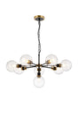 Stevens Pendant, 8 x E14 With 15cm Round Glass Shade, Brass, Clear & Satin Black
