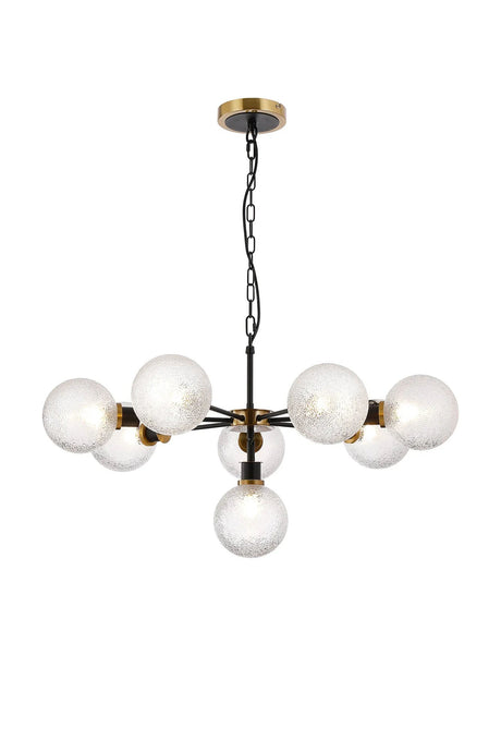 Stevens Pendant, 8 x E14 With 15cm Round Dimpled Glass Shade, Brass, Clear & Satin Black