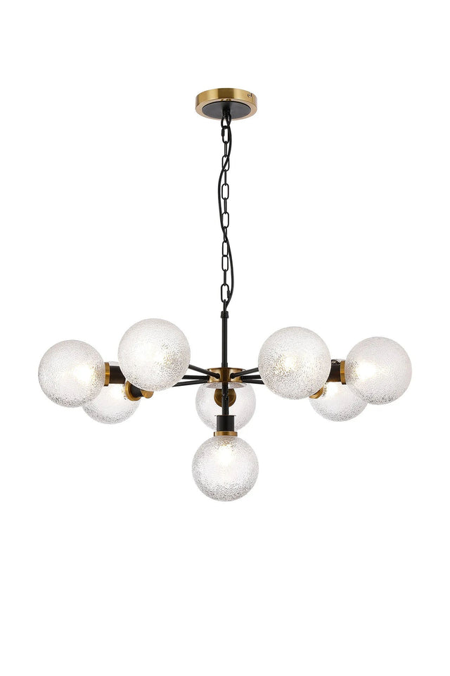 Stevens Pendant, 8 x E14 With 15cm Round Dimpled Glass Shade, Brass, Clear & Satin Black