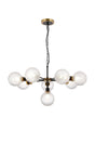 Stevens Pendant, 8 x E14 With 15cm Round Dimpled Glass Shade, Brass, Clear & Satin Black