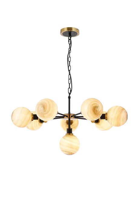Stevens 84cm Pendant, 8 Light E14 With 15cm Round Dark Beige Marble Effect Glass Shade, Brass & Satin Black Framework