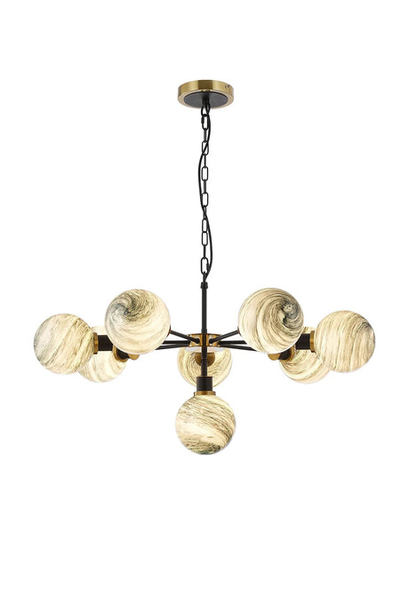 Stevens 84cm Pendant, 8 Light E14 With 15cm Round Dark Green Marble Effect Glass Shade, Brass & Satin Black Framework