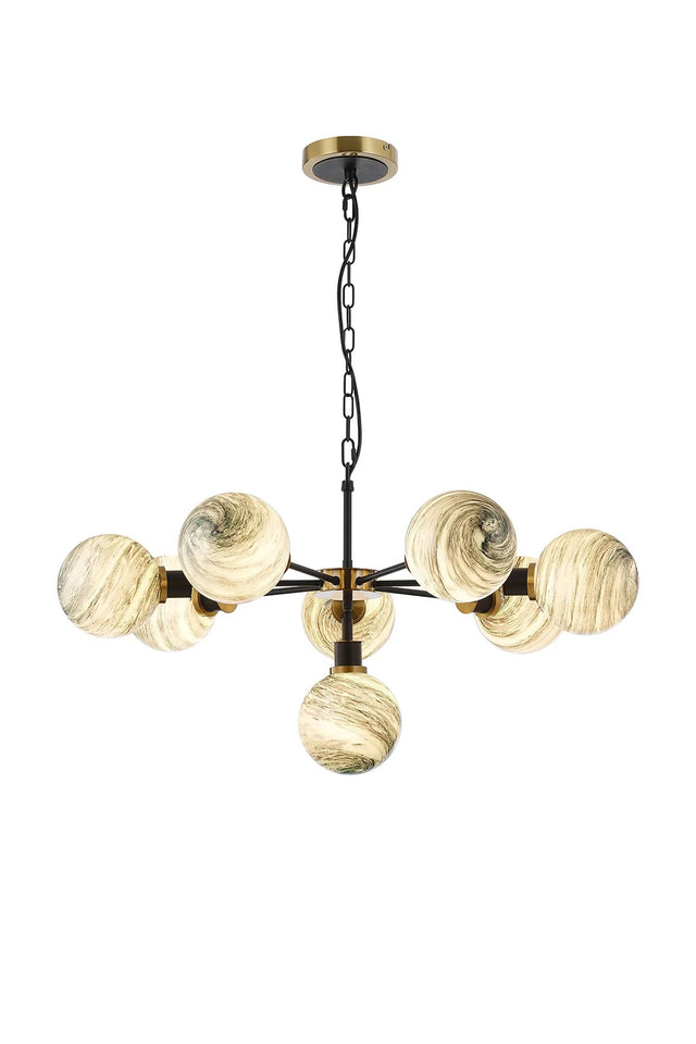 Stevens 84cm Pendant, 8 Light E14 With 15cm Round Dark Green Marble Effect Glass Shade, Brass & Satin Black Framework