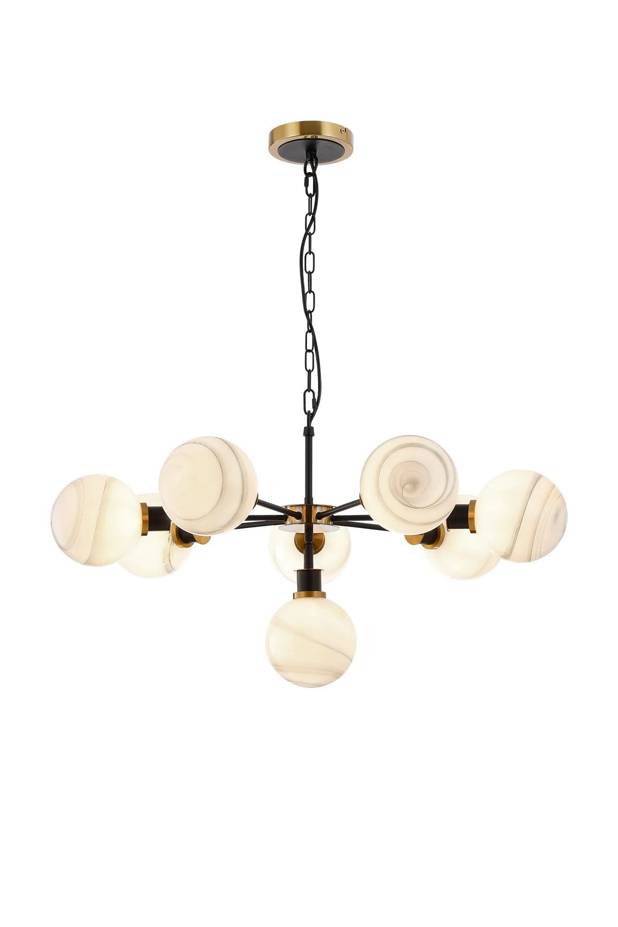 Stevens Pendant, 8 x E14 With 15cm Round Marble Effect Glass Shade, Brass, White & Satin Black