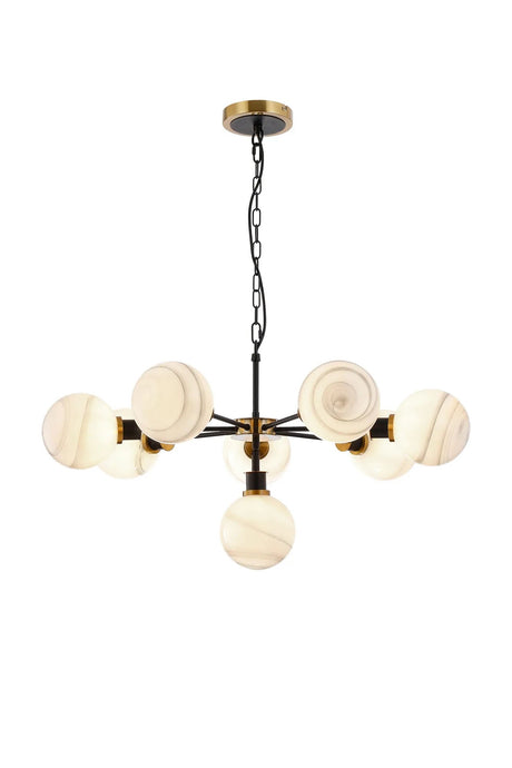 Stevens Pendant, 8 x E14 With 15cm Round Marble Effect Glass Shade, Brass, White & Satin Black