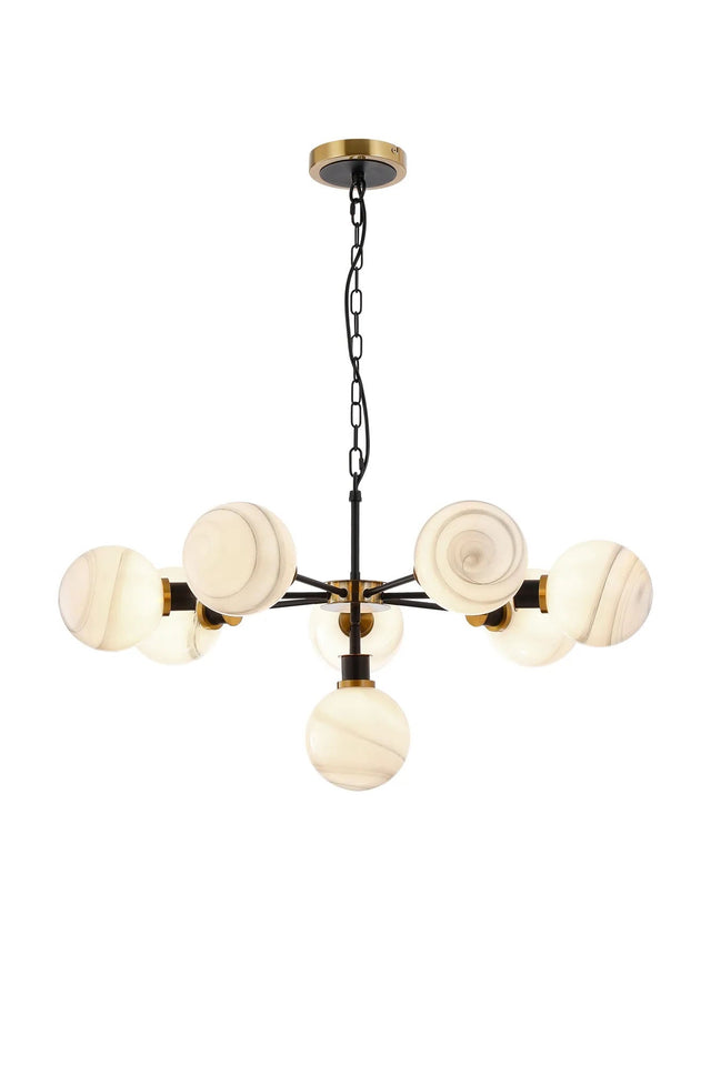 Stevens Pendant, 8 x E14 With 15cm Round Marble Effect Glass Shade, Brass, White & Satin Black