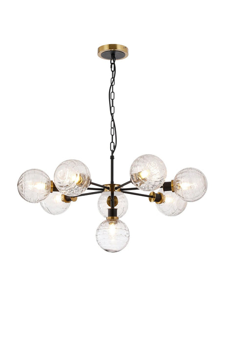 Stevens Pendant, 8 x E14 With 15cm Round Textured Melting Glass Shade, Brass, Clear & Satin Black