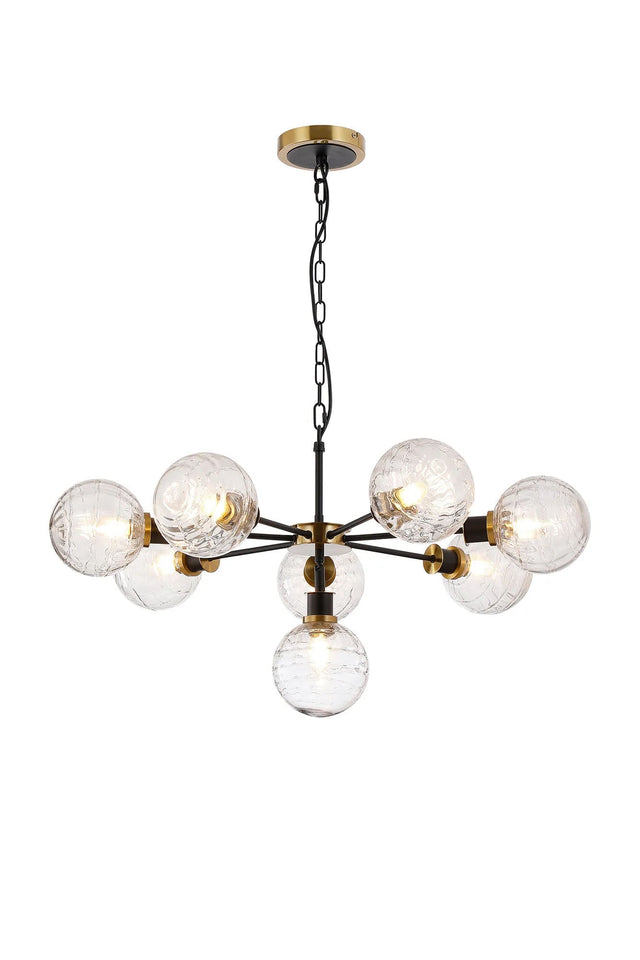 Stevens Pendant, 8 x E14 With 15cm Round Textured Melting Glass Shade, Brass, Clear & Satin Black