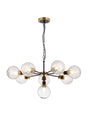 Stevens Pendant, 8 x E14 With 15cm Round Textured Melting Glass Shade, Brass, Clear & Satin Black