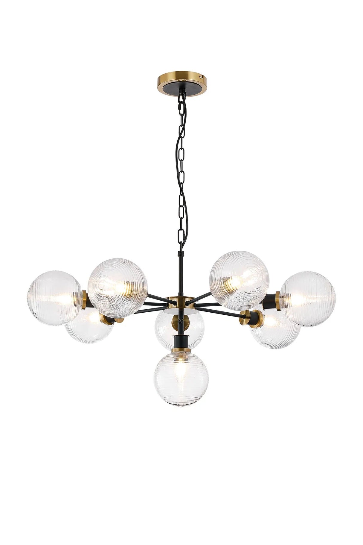 Stevens Pendant, 8 x E14 With 15cm Round Ribbed Glass Shade, Brass, Clear & Satin Black