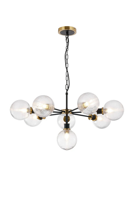 Stevens Pendant, 8 x E14 With 15cm Round Ribbed Glass Shade, Brass, Clear & Satin Black