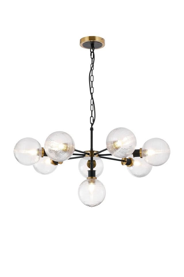 Stevens Pendant, 8 x E14 With 15cm Round Ribbed Glass Shade, Brass, Clear & Satin Black