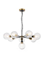 Stevens Pendant, 8 x E14 With 15cm Round Ribbed Glass Shade, Brass, Clear & Satin Black