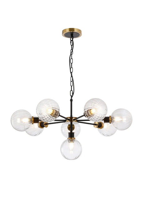 Stevens Pendant, 8 x E14 With 15cm Round Segment Glass Shade, Brass, Clear & Satin Black