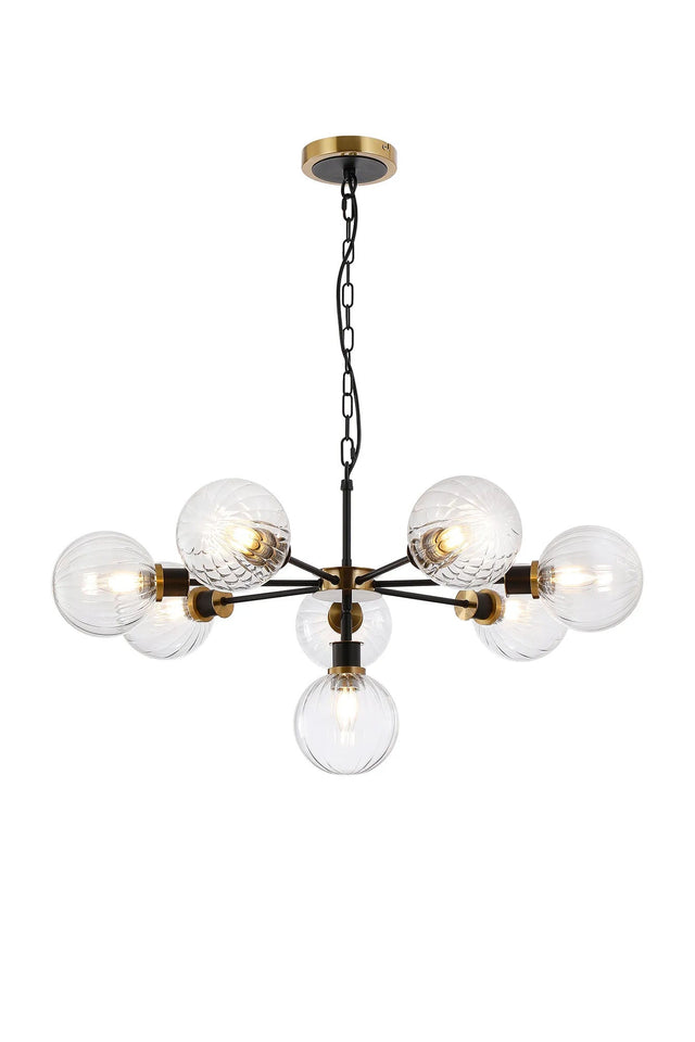 Stevens Pendant, 8 x E14 With 15cm Round Segment Glass Shade, Brass, Clear & Satin Black