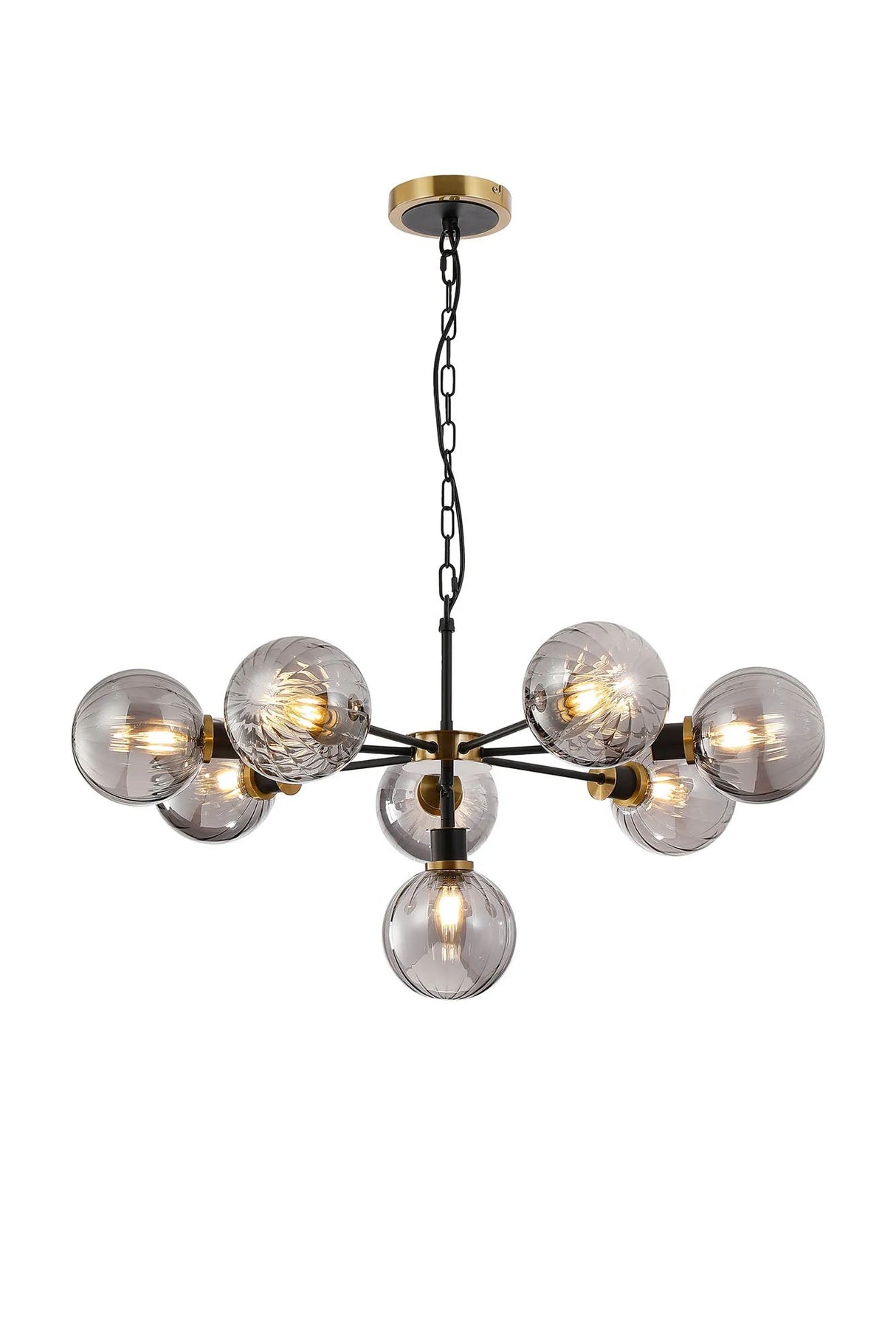 Stevens Pendant, 8 x E14 With 15cm Round Segment Glass Shade, Brass, Smoke Plated & Satin Black