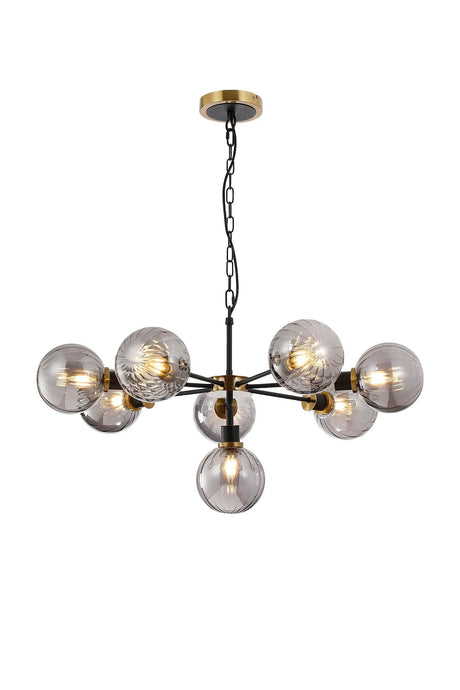 Stevens Pendant, 8 x E14 With 15cm Round Segment Glass Shade, Brass, Smoke Plated & Satin Black