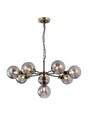 Stevens Pendant, 8 x E14 With 15cm Round Glass Shade, Brass, Smoke Plated & Satin Black