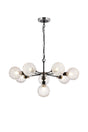 Stevens Pendant, 8 x E14 With 15cm Round Textured Crumple Glass Shade, Satin Nickel, Clear & Satin Black
