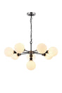 Stevens Pendant, 8 x E14 With 15cm Round Glass Shade, Satin Nickel, Opal & Satin Black