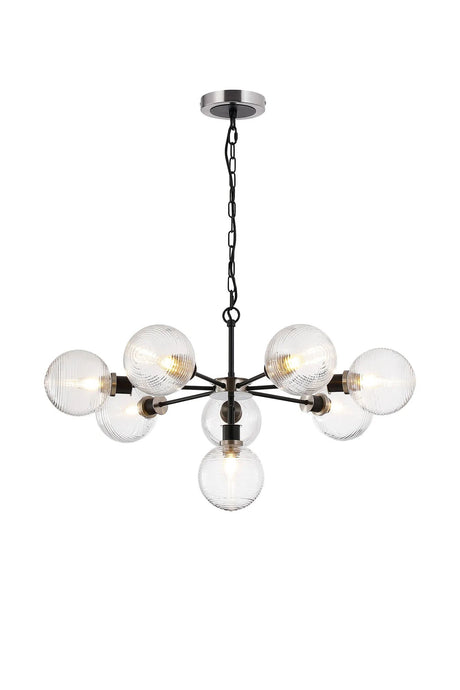 Stevens Pendant, 8 x E14 With 15cm Round Ribbed Glass Shade, Satin Nickel, Clear & Satin Black