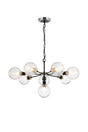 Stevens Pendant, 8 x E14 With 15cm Round Ribbed Glass Shade, Satin Nickel, Clear & Satin Black